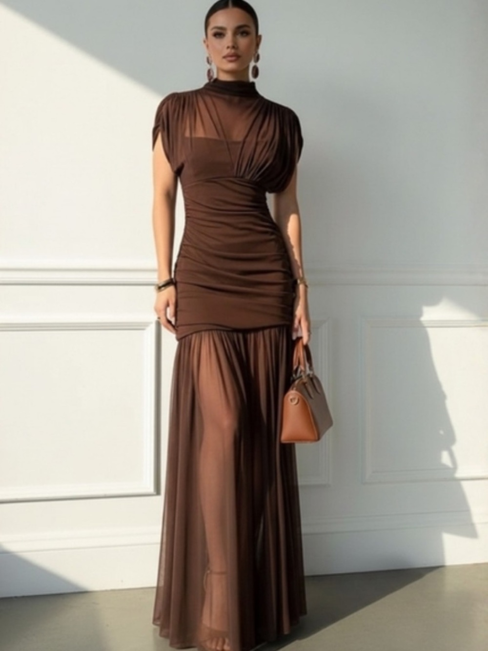 Zara NWT draped combination maxi dress chocolate brown 4772/252 - Picture 2 of 9